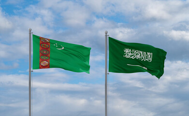 Turkmenistan and Saudi Arabia flags, country relationship concepts