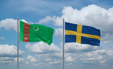 Sweden and Turkmenistan flags, country relationship concept
