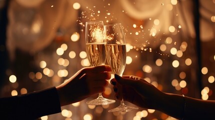 Glasses with champagne in hand at the celebration table in dark background close-up. Celebration of the occasion. Toast - obrazy, fototapety, plakaty
