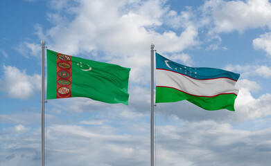 Uzbekistan and Turkmenistan flags, country relationship concept