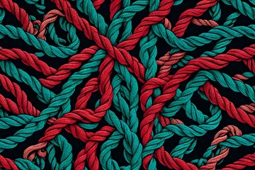 Two different colored ropes, one vibrant red and the other deep blue, intertwine gracefully to form a single square knot on a black background. 