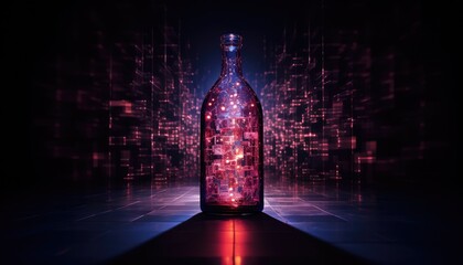 A bottle containing a purple liquid or elixir 