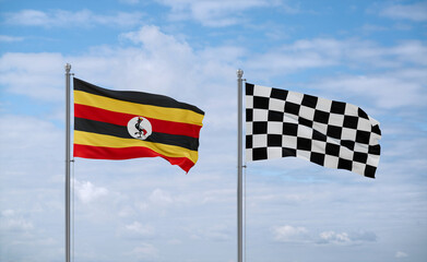 Checkered racing and Uganda flags, country relationship concept