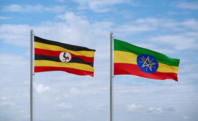 Ethiopia and Uganda flags, country relationship concept