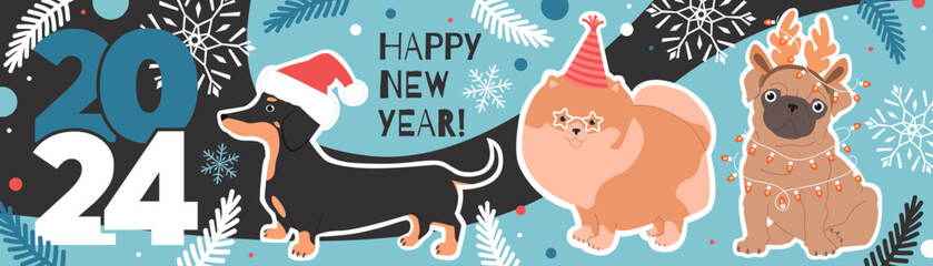 Happy New Year 2024 long horizontal banner with cute dogs, text, and winter elements. Vector flat illustration in trendy colors.
