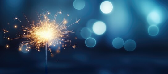 Fototapeta premium A close-up of a Bengal light on a urban blurred background. Celebration of the new year and Christmas. Party accessory