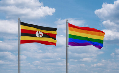 Gay Pride and Uganda flags, country relationship concept
