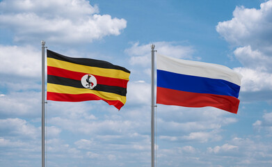Russia and Uganda flags, country relationship concept