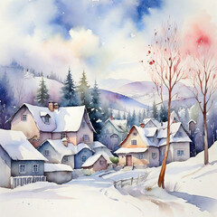 Watercolor Winter Village