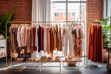 Wardrobe room with clothes on rack. Fashion clothes on rack. High-end boutique found in upscale shopping districts and show renowned brands known for quality with craftsmanship.