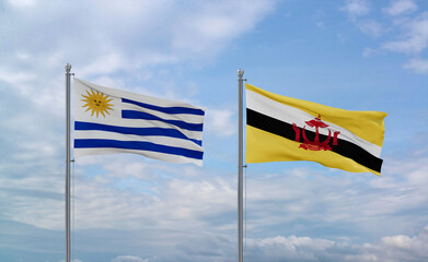 Brunei and Uruguay flags, country relationship concepts