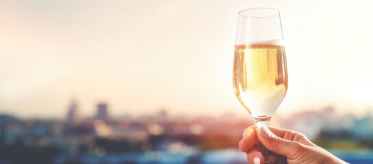A glass with champagne or wine close-up on the blurred background of the urban area - obrazy, fototapety, plakaty