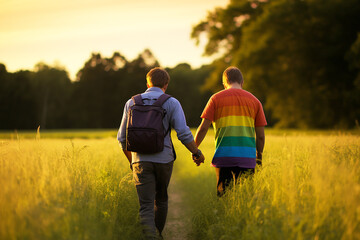 Back view of gay couple with rainbow flag in the park. LGBT concept - obrazy, fototapety, plakaty
