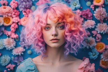 Adorable girl having her hair dyed in pastel color on floral background 