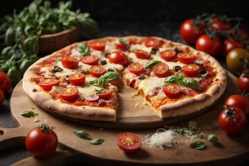 mixed ingredient pizza with cheese and tomatoes. 