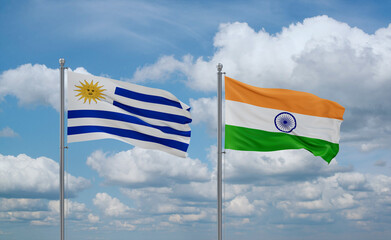 India and Uruguay flags, country relationship concept
