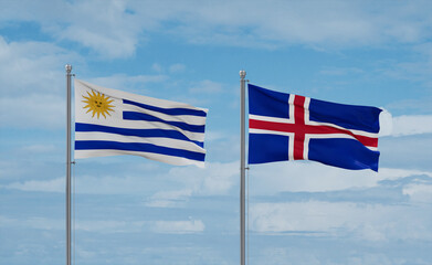 Iceland and Uruguay flags, country relationship concept