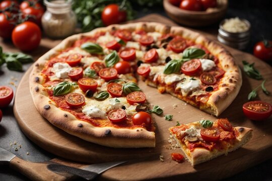 mixed ingredient pizza with cheese and tomatoes. 