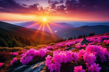 Sunset on floral mountains with pink rhododendron flowers. Located in Carpathian Mountains, Ukraine, Europe. Vibrant photo wallpaper. Generative AI