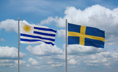 Sweden and Uruguay flags, country relationship concept