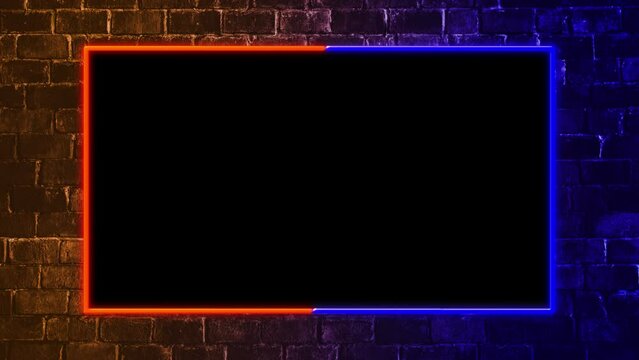 Neon frame isolated by alpha channel. Seamless loop.Animated facecam or webcam. Neon lights rotate and spread colorful light on the brick wall.Drag and drop use.blue and orange background.
