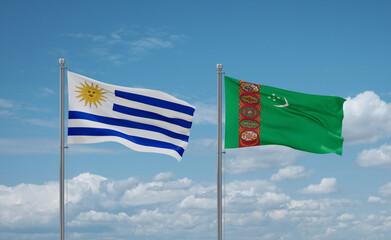Turkmenistan and Uruguay flags, country relationship concept
