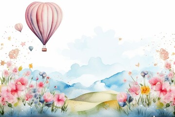 Fototapeta na wymiar watercolor balloon with flowers on white, journey sky, children's room. Generative AI
