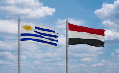 Yemen and Uruguay flags, country relationship concept