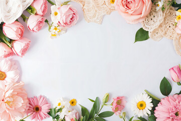 Fototapeta na wymiar Frame made of flowers on a white pastel background. Banner template with place for text. Generated AI