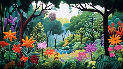 Obraz na płótnie Canvas A naive style jungle with lush plants. Tropical garden illustration with green colorful vegetation.