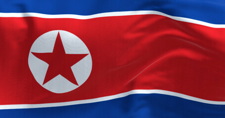 Close-up of North Korea national flag waving in the wind