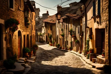 Fotobehang A picturesque image of narrow cobblestone streets winding throthroughugh the village. © Naz