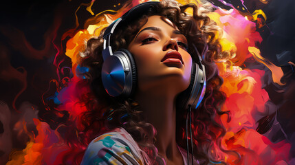 Portrait of a Beautiful African American Woman in Headphones Listening to Music and Enjoying a Good Mood in Neon Lighting.