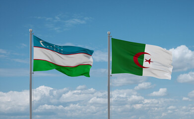 Uzbekistan and Algeria national flags, country relationship concept