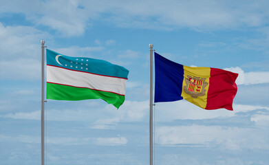 Uzbekistan and Andorra national flags, country relationship concept