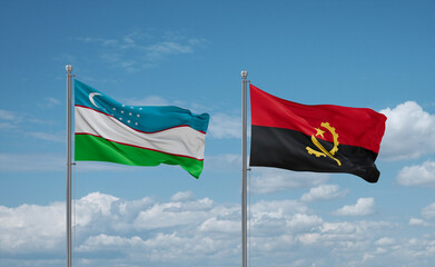 Uzbekistan and Angola national flags, country relationship concept