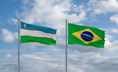 Uzbekistan and Brazil flags, country relationship concept