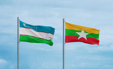 Myanmar and Uzbekistan flags, country relationship concept