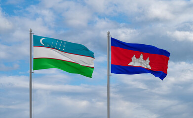Cambodia and Uzbekistan flags, country relationship concept