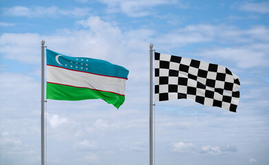 Checkered racing and Uzbekistan flags, country relationship concept