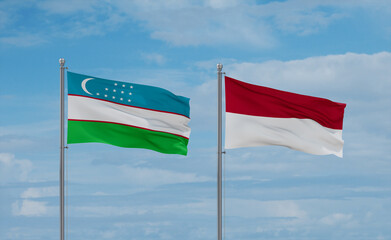 Indonesia and Uzbekistan flags, country relationship concept