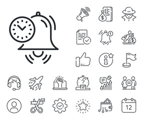 Alarm clock sign. Salaryman, gender equality and alert bell outline icons. Time management line icon. Watch symbol. Time management line sign. Spy or profile placeholder icon. Vector