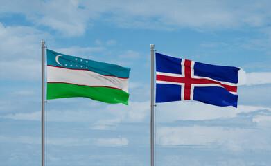 Iceland and Uzbekistan flags, country relationship concept
