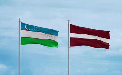 Latvia and Uzbekistan flags, country relationship concept