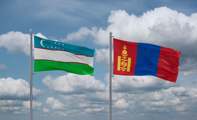 Mongolia and Uzbekistan flags, country relationship concept