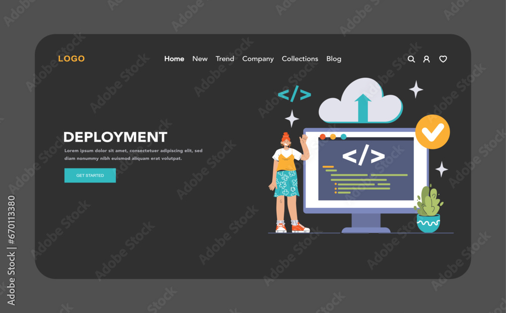 Poster devops web banner or landing page dark or night mode. software development and it operations life cy