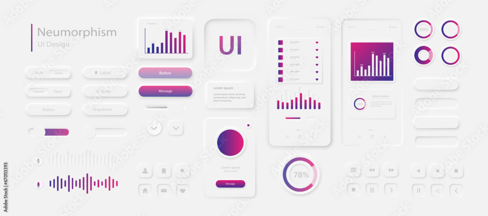 Poster the user interface elements for the mobile app are white and purple. a set for developing a modern w