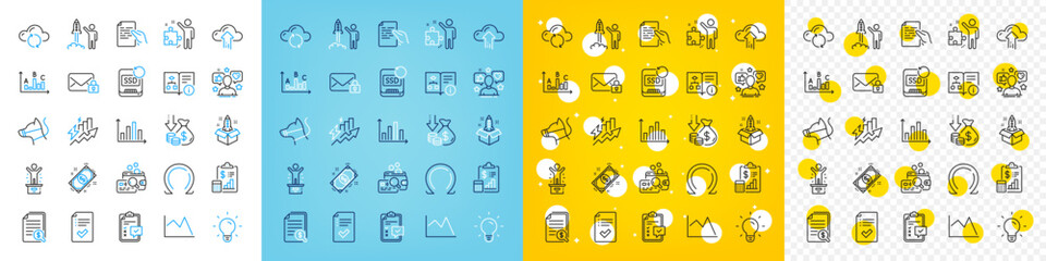Vector icons set of Cloud upload, Financial documents and Inspect line icons pack for web with Consumption growth, Survey results, Cloud sync outline icon. Report, Diagram graph. Vector