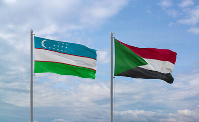 Sudan and Uzbekistan flags, country relationship concept