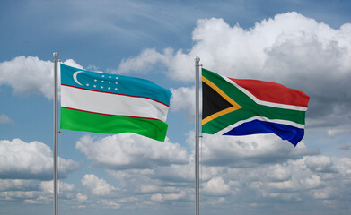 South Africa and Uzbekistan flags, country relationship concept